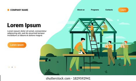 Professional carpenters team building house isolated flat vector illustration. Cartoon builders in uniform making roof and wall structure. Construction and teamwork concept