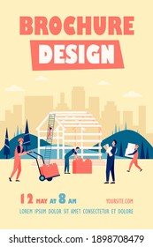 Professional carpenters team building house flat vector illustration. Cartoon builders in protective hard hats and uniform working with wooden structure. Construction and teamwork concept