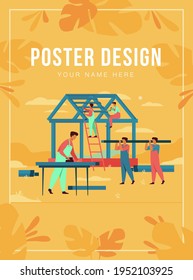 Professional carpenters team building house isolated flat vector illustration. Cartoon builders in uniform making roof and wall structure. Construction and teamwork concept