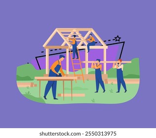 Profissionais carpinteiros equipe edifício casa isolada vetor plana ilustração. Construtores de desenhos animados em uniforme fazendo telhado e estrutura de parede. Conceito de construção e trabalho em equipe
