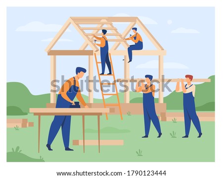 Professional carpenters team building house isolated flat vector illustration. Cartoon builders in uniform making roof and wall structure. Construction and teamwork concept