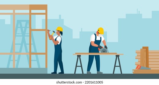 Professional carpenters at work, they are cutting wood and building a wood frame structure svg