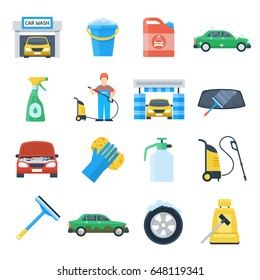 Professional carwash object colorful set, high-tech equipment and quality service. Vector flat style cartoon illustration isolated on white background