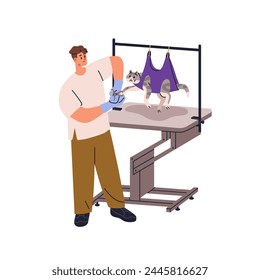 Professional cat grooming service. Groomer cutting claw, trimming nail for kitty. Cute pet during beauty treatment with clip. Feline animal salon. Flat vector illustration isolated on white background