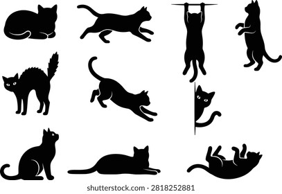 Professional cat silhouette icon set featuring sitting, jumping, stretching, playing, hanging, peeking, resting, and Halloween black cat poses in bold black style. Perfect for pet branding, veterinary websites, stickers, apparel, logos, greeting cards, craft projects, and vector illustration.