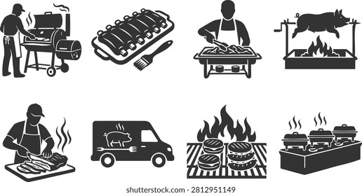 Professional catering and barbecue service vector icons set for business