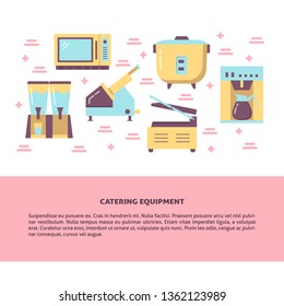 Professional catering equipment concept banner in flat style. Restaurant or cafe appliances poster template with place for text. Vector illustration.
