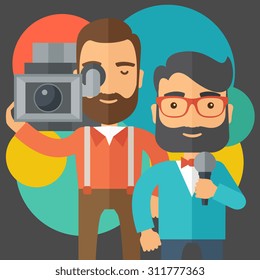 A professional caucasian journalist and news reporter with video camera and microphone broadcasting. A contemporary style with pastel palette black tinted and colorful round background. Vector flat