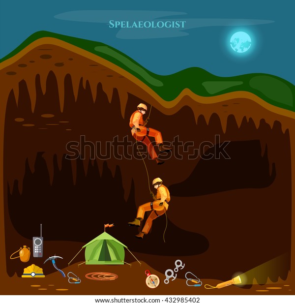 Professional cavers industrial climbing cave exploration\
vector illustration\
