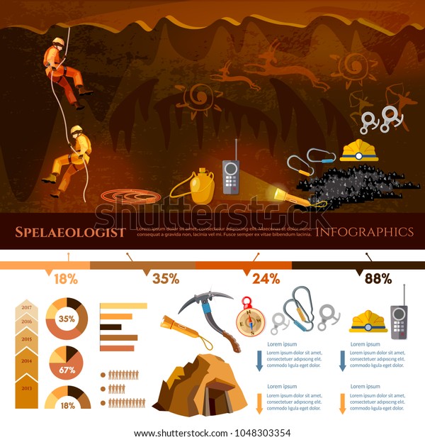 Professional cavers infographics,\
industrial climbing cave exploration vector illustration.\
Speleology spelunker infographic elements, study of underground\
caves 