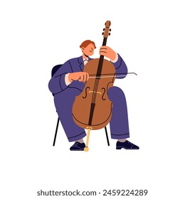 Professional cellist plays bowed string instrument. Musician performs classical music with cello. Symphony in violoncello player performance. Flat isolated vector illustration on white background