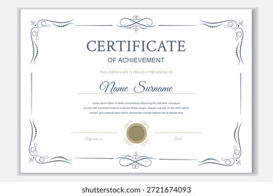 Professional certificate of achievement template with elegant blue flourish frame and gold seal. Modern minimalist design for business awards, graduation diplomas, and gift vouchers. Editable vector.