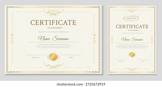 Professional certificate of achievement template set with elegant gold borders and ornaments. Luxury classic design for diplomas, awards, and appreciation documents. High-quality editable vector.