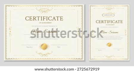Professional certificate of achievement template set with elegant gold borders and ornaments. Luxury classic design for diplomas, awards, and appreciation documents. High-quality editable vector.