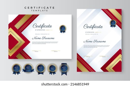 Professional certificate of appreciation template, gold and red color. Clean modern certificate with gold badge. Certificate border template with luxury modern line pattern. Diploma vector template