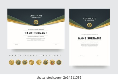Professional certificate of appreciation template in modern minimal style. Includes editable layout in horizontal and vertical formats with bonus set of golden award seals.
