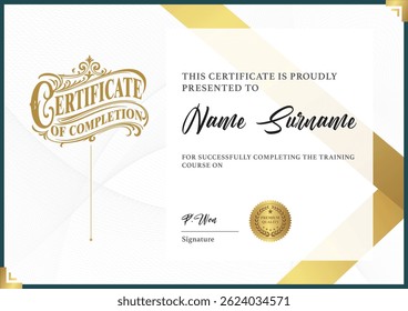 Um certificado profissional de modelo de conclusão com elementos decorativos dourados, tipografia elegante e uma seção de assinatura dedicada, ideal para treinamento, cursos ou realizações acadêmicas.

