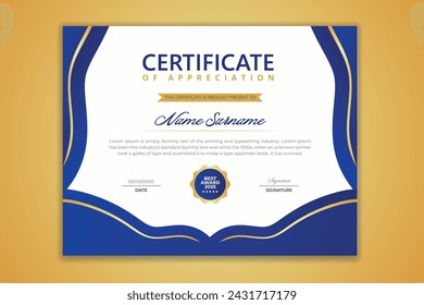 professional certificate design template with gold badge and light guilloche pattern design