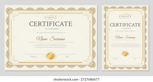 Certificado profissional e modelo de diploma em formatos horizontal e vertical. Quadro de ouro elegante, design clássico com padrão guilhochê. Layout de vetor editável para empresas.