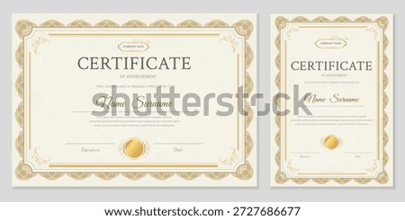 Professional certificate and diploma template in horizontal and vertical formats. Elegant gold frame, classic design with guilloche pattern. Editable vector layout for business.