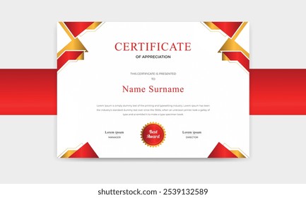 Professional Certificate Template of Achievement, Blue and Gold Diploma with Ornamental Frame, Badge, and Corporate Border.