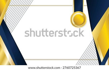 Professional certificate template with elegant navy blue and gold geometric background. Includes a gold medal seal and clean white space for text. Perfect for diplomas and awards.