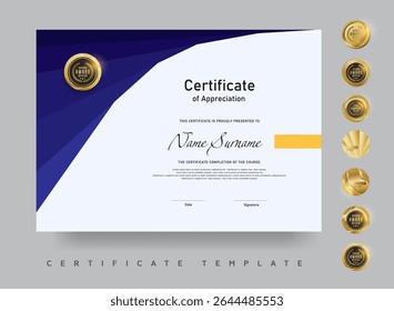 Professional certificate template featuring abstract corner shapes and golden award emblem on cream background suitable for formal or academic use