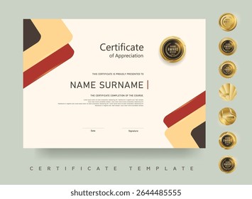 Professional certificate template featuring abstract corner shapes and golden award emblem on cream background suitable for formal or academic use