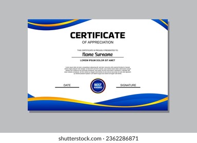 A professional certificate template featuring a vibrant blue and orange design. Perfect for recognizing achievements, awards, and accolades in a modern and eye catching manner.