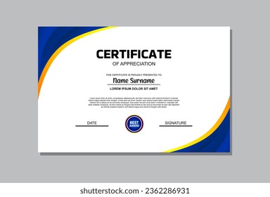 Una plantilla de certificado profesional con un diseño azul y naranja vibrante. Perfecto para reconocer logros, premios y elogios de una manera moderna y llamativa.