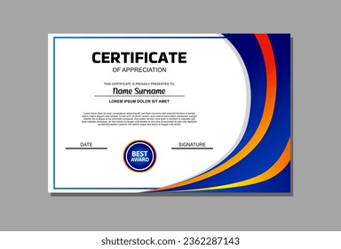 A professional certificate template featuring a vibrant blue and orange design. Perfect for recognizing achievements, awards, and accolades in a modern and eye catching manner.