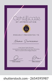 Professional certificate template layout with clean and modern design. Suitable for awards, achievements, training completion, or educational recognition.