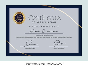 Professional certificate template layout with clean and modern design. Suitable for awards, achievements, training completion, or educational recognition.