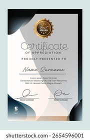 Professional certificate template layout with clean and modern design. Suitable for awards, achievements, training completion, or educational recognition.