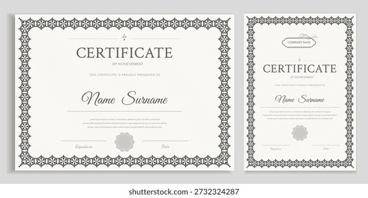 Conjunto de Plantilla de certificado de Profesional con intrincados bordes ornamentales vintage. Diseño monocromático formal en diseños de paisajes y retratos. Vector totalmente editable para negocios o graduación.