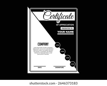 Professional certificate vector template suitable for diplomas, awards and appreciations. Customizable layout with elegant design, suitable for various achievements.