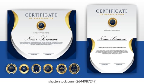 Professional Certificates of Achievement with blue and gold. suitable for award, business, and education needs