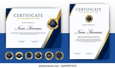 Professional Certificates of Achievement with blue and gold. suitable for award, business, and education needs