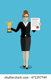 Professionelle Zertifizierung, Business Education Konzepte. Glückliche Frauen im Anzug mit Diplom und goldener Tasse. Flaches design, Vektorgrafik