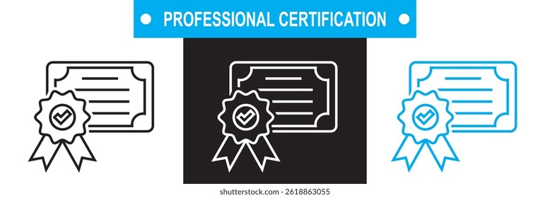 Icono de Certificación de Profesional. Vector para Sitios web, interfaces móviles, presentaciones, Anuncio, imagen de marca, etc. Ilustración vectorial. aislado en el fondo blanco y negro. EPS 10
