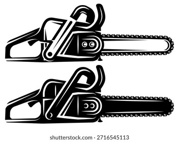 Ilustración vectorial de silueta negra de motosierra de Profesional para industrias de tala y tala en madera.