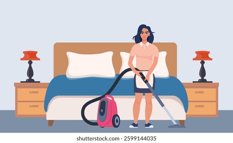Professional chambermaid cleaning floor in hotel room. Chambermaid in uniform using vacuum cleaner while cleaning floor.