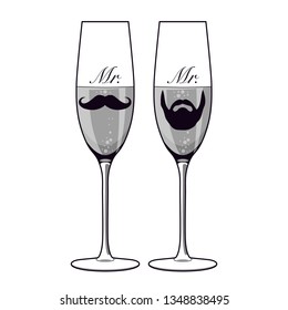 Professional Champagne mr and mr Glass Vector / Line Drawing. drink, bubbles, line drawing. - Icon, bar, cocktail, wedding - Vector