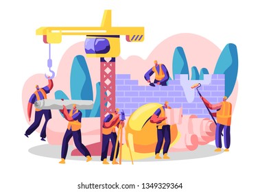 Professional Character Build New Construction, Analyze Plan and Place, Construct Residence, Business Center or Shop. Painting Wall and Laying Brick. Flat Cartoon Vector Illustration