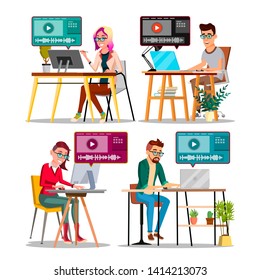 Professional Character Editor Working Set Vector. Happy Smiling Man And Woman Audio And Video Media Editor. Table, Laptop Or Monitor And Plant On Workplace Flat Cartoon Illustration