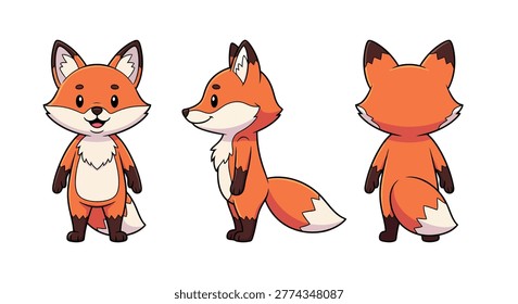 Professional character sheet of a cute orange fox with front, side, and back views. Ideal for indie game development, children's branding, and animation design assets.