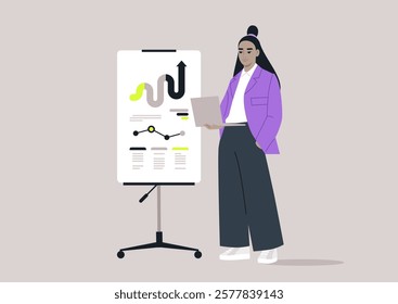 A professional character stands beside a flipchart displaying data trends while holding a laptop in a sleek workspace, the atmosphere embodies innovation and collaboration