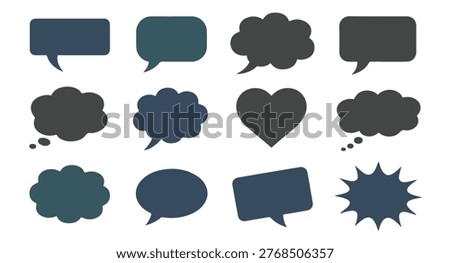 Professional chat bubble collection featuring unique heart shape and jagged shout icons in muted corporate color tones.