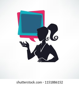 Professional chat logo, business lady silhouette and speech bubble