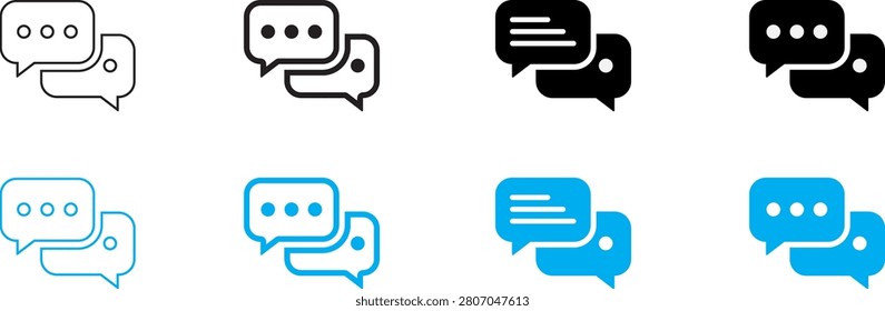 A professional chat message icon set featuring black and blue versions in outline, bold outline, semi-filled, and solid styles. This modern vector collection is ideal for messaging apps, live chat systems, customer support platforms, social media interfaces, communication tools, mobile applications, websites, dashboards, UI-UX projects, presentations, and digital products. Fully scalable and editable, these clean minimalist icons provide excellent clarity and consistency across both web and print design projects.

#ChatIcon #Message #Messaging #Communication #Conversation #SpeechBubble #Vector #IconSet #Outline #Solid #UI #UX #MobileApp #WebDesign #Dashboard #GraphicDesign #Minimal #Editable #Illustration #ChatApp